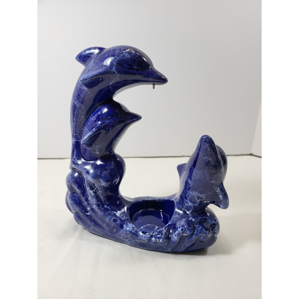 Vintage Blue Marbled Ceramic Dolphin Trio Votive Tea Light Candle Holder 7.5in